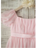 Puff Sleeves Pink Chiffon Knee Length Flower Girl Dress